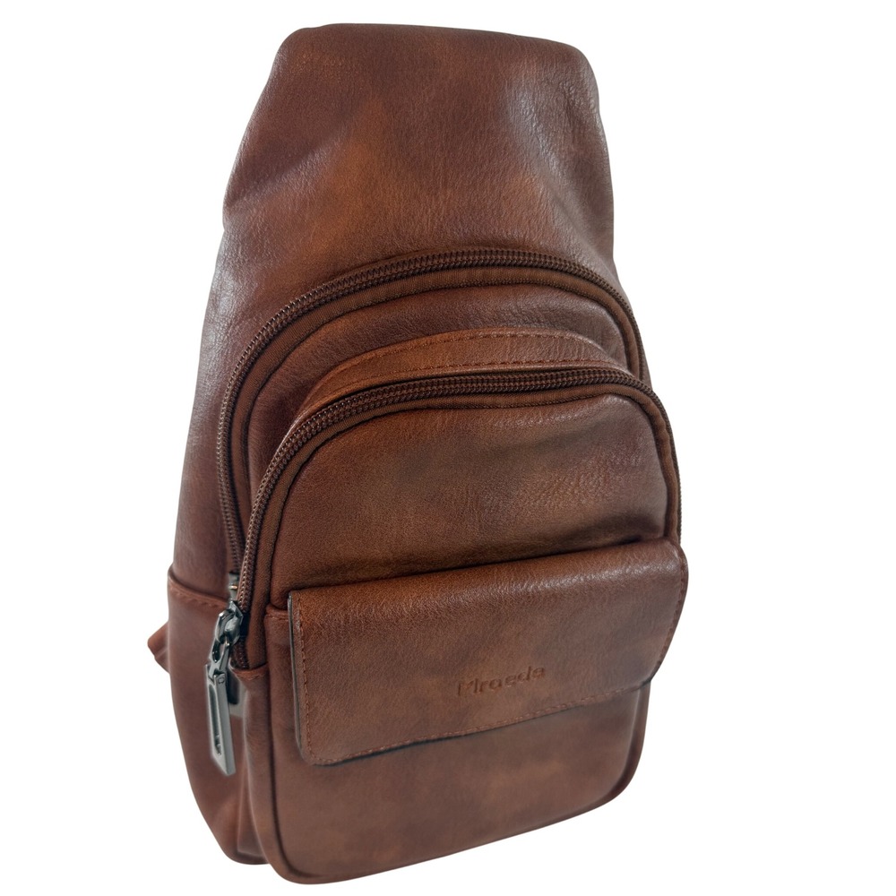 Mroede Brown Vegan Leather Sling Bag Crossbody Multi-Pocket Travel Chest Pack